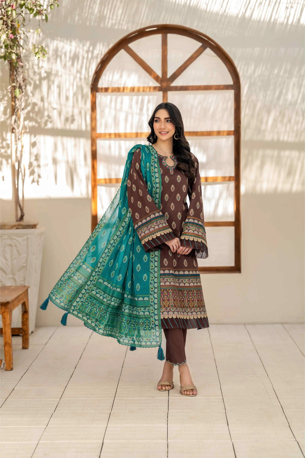 Inaya By KBC Fashion Brown Printed 3-Piece Stitched Suit with Dupatta