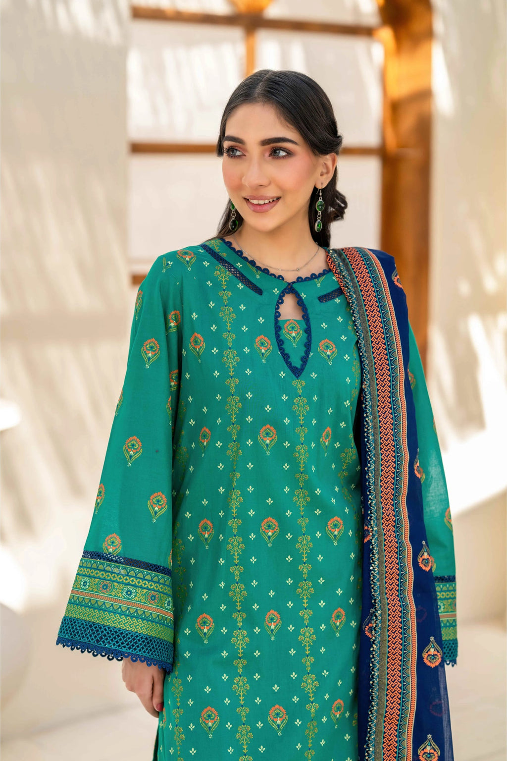 Inaya By KBC Fashion Emerald Green Printed 3-Piece Stitched Suit with Navy Blue Dupatta