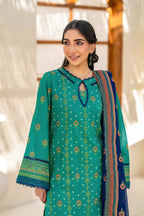 Inaya By KBC Fashion Emerald Green Printed 3-Piece Stitched Suit with Navy Blue Dupatta