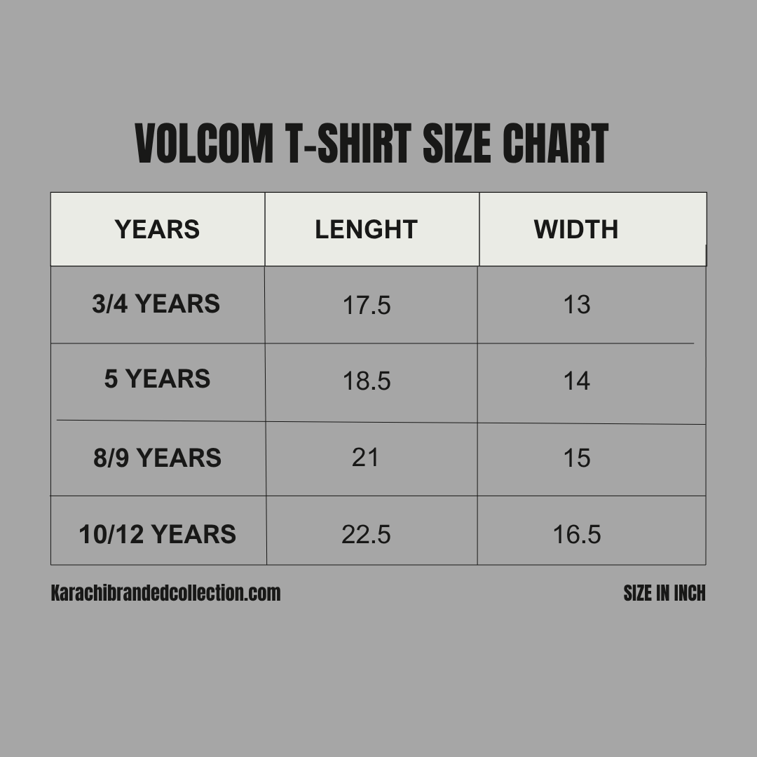 Volcom t-shirt size chart on a gray background