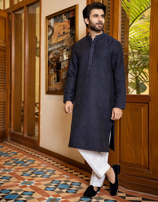 Navy Blue Jamawar Special Kurta by J.