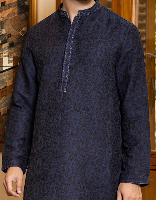 Navy Blue Jamawar Special Kurta by J.
