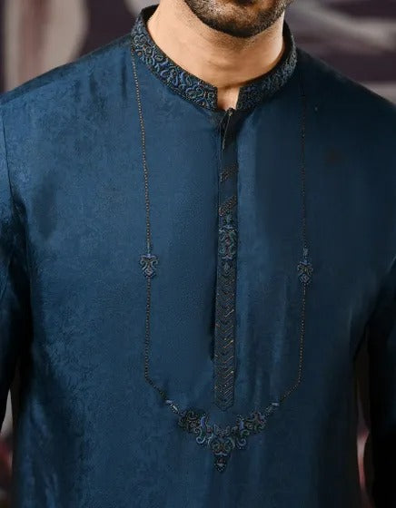 Peacock Blue Jamawar Special Kurta By J.