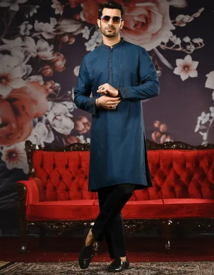 Peacock Blue Jamawar Special Kurta By J.