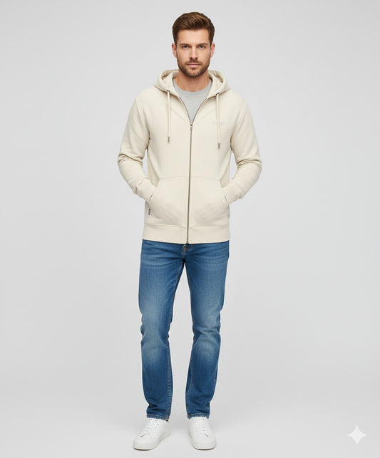 Men’s Cream Beige Full Zip Hoodie – Minimal Style, Maximum Comfort