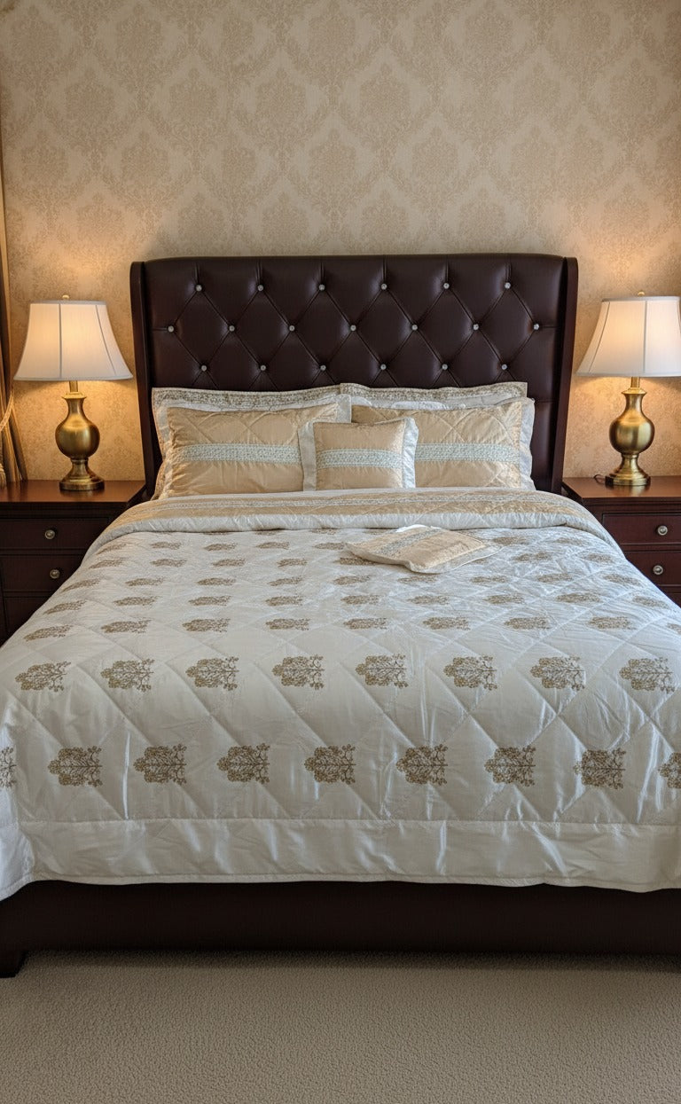 Bedroom with a bed featuring a white comforter and brown headboard, flanked by two lamps on nightstands.