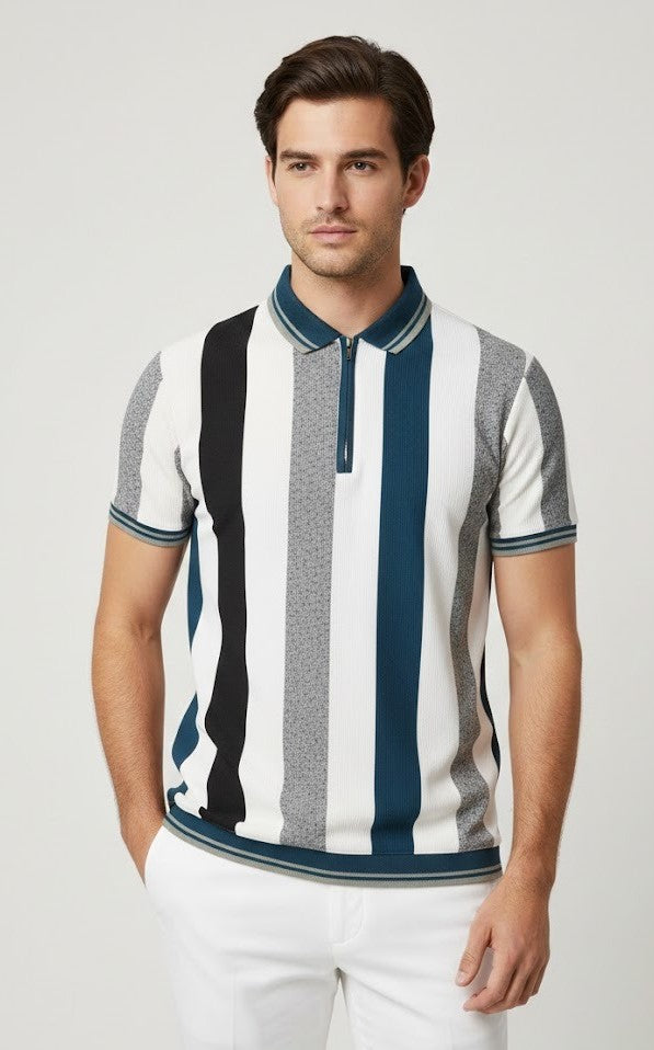 Men’s Vertical Stripe Old Money Polo Shirt | Zipper Coller