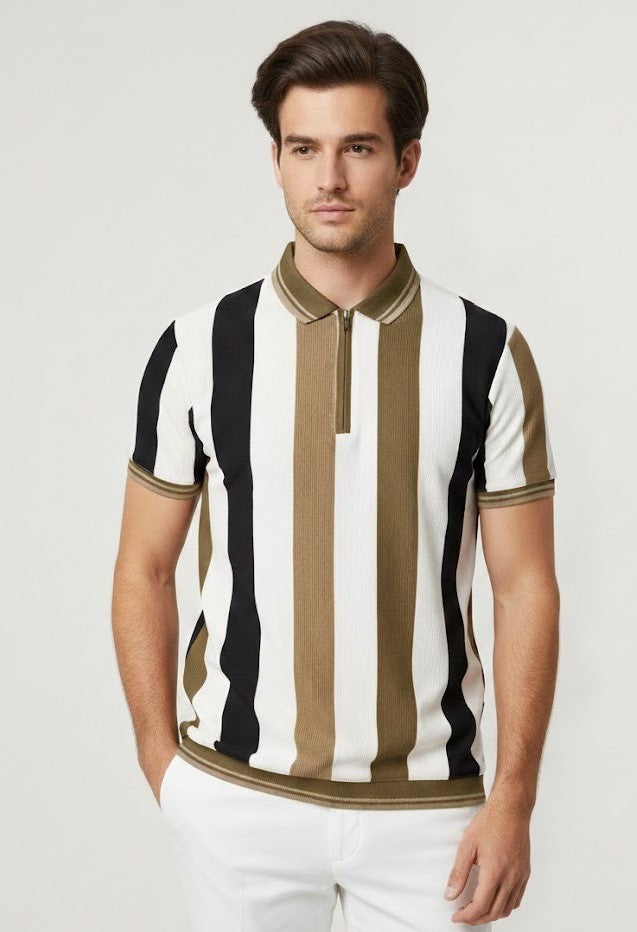 Men’s Vertical Stripe Old Money Polo Shirt | Zipper Coller