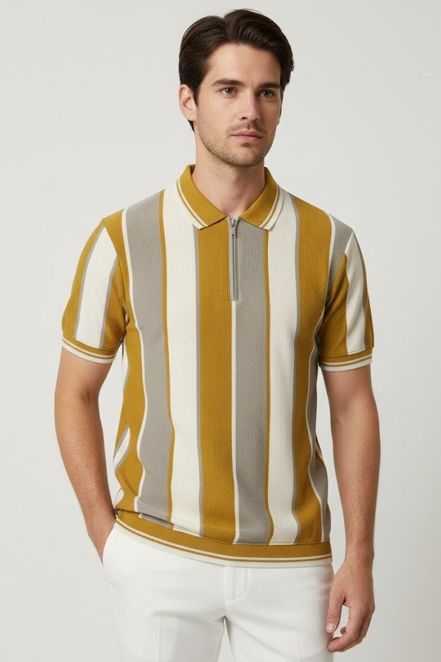 Men’s Vertical Stripe Old Money Polo Shirt | Zipper Coller