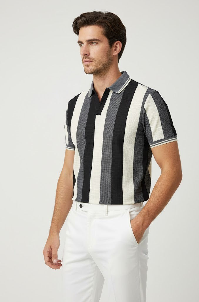 Men’s Vertical Stripe Old Money Polo Shirt | V Neck