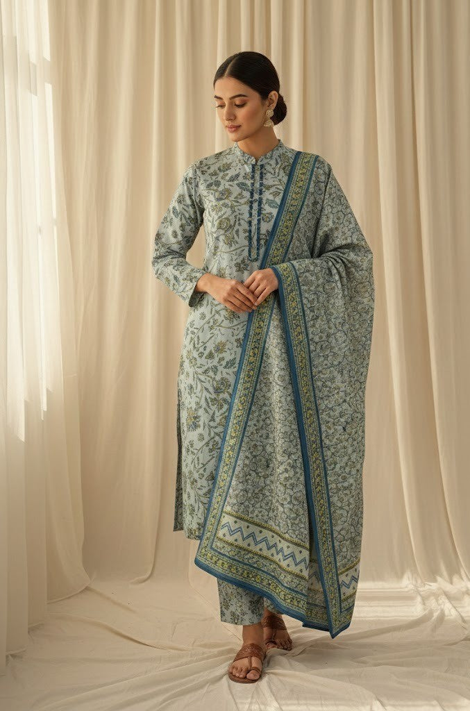 Woman wearing a traditional outfit with a patterned dupatta against a beige curtain background