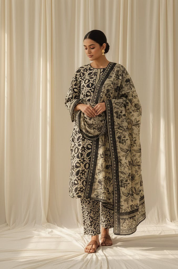 Woman wearing a traditional outfit with intricate patterns against a white curtain background