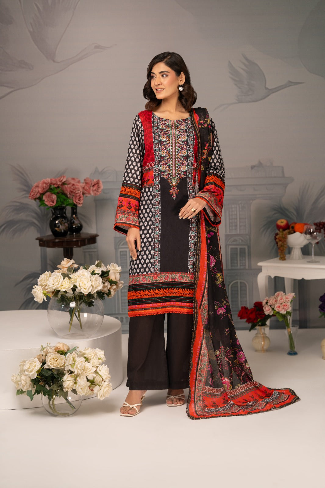 Zarwan by KBC Fashion – Embroidered Neckline | Lawn 3Piece suit (Red & Black)