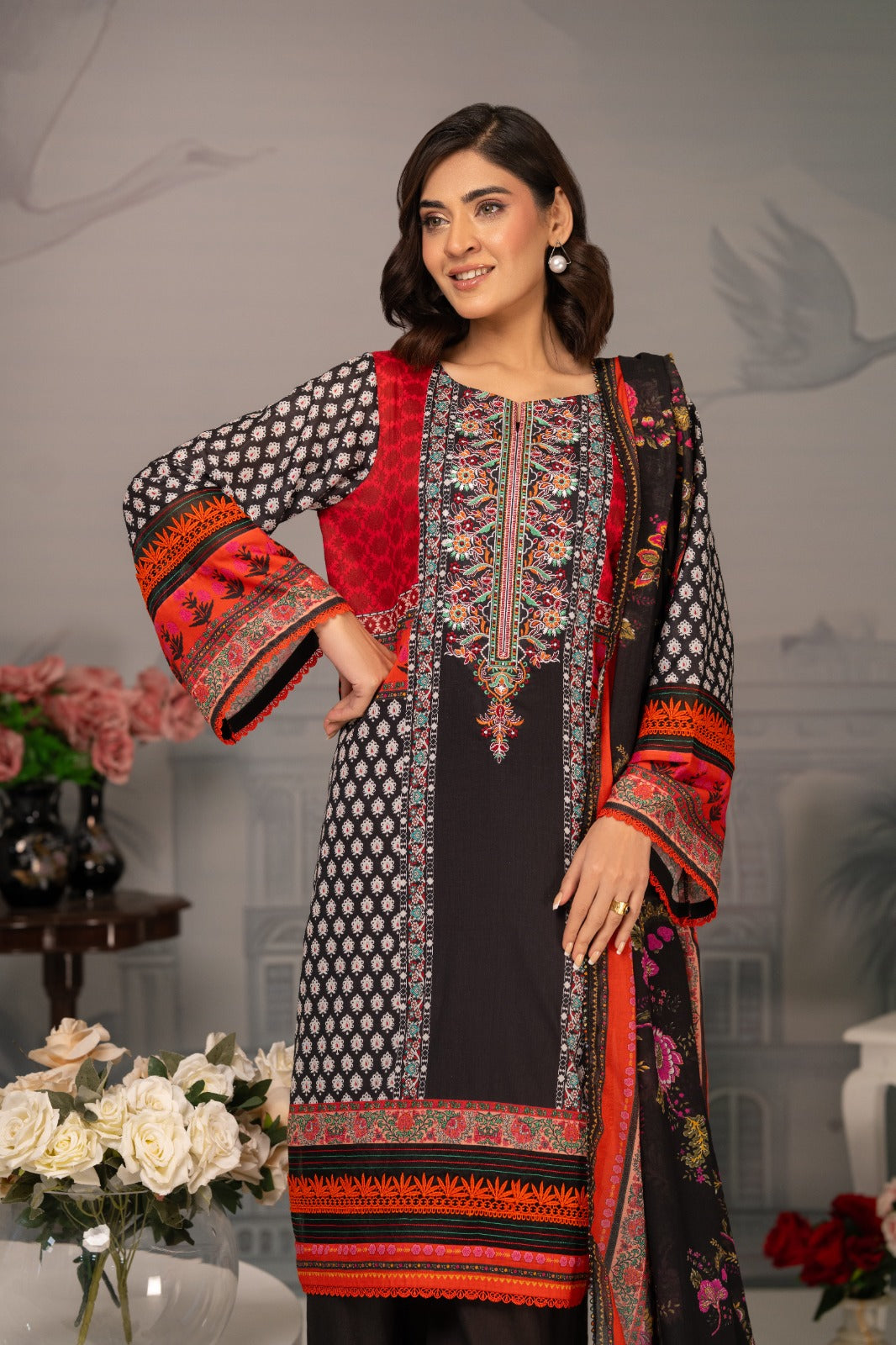 Zarwan by KBC Fashion – Embroidered Neckline | Lawn 3Piece suit (Red & Black)