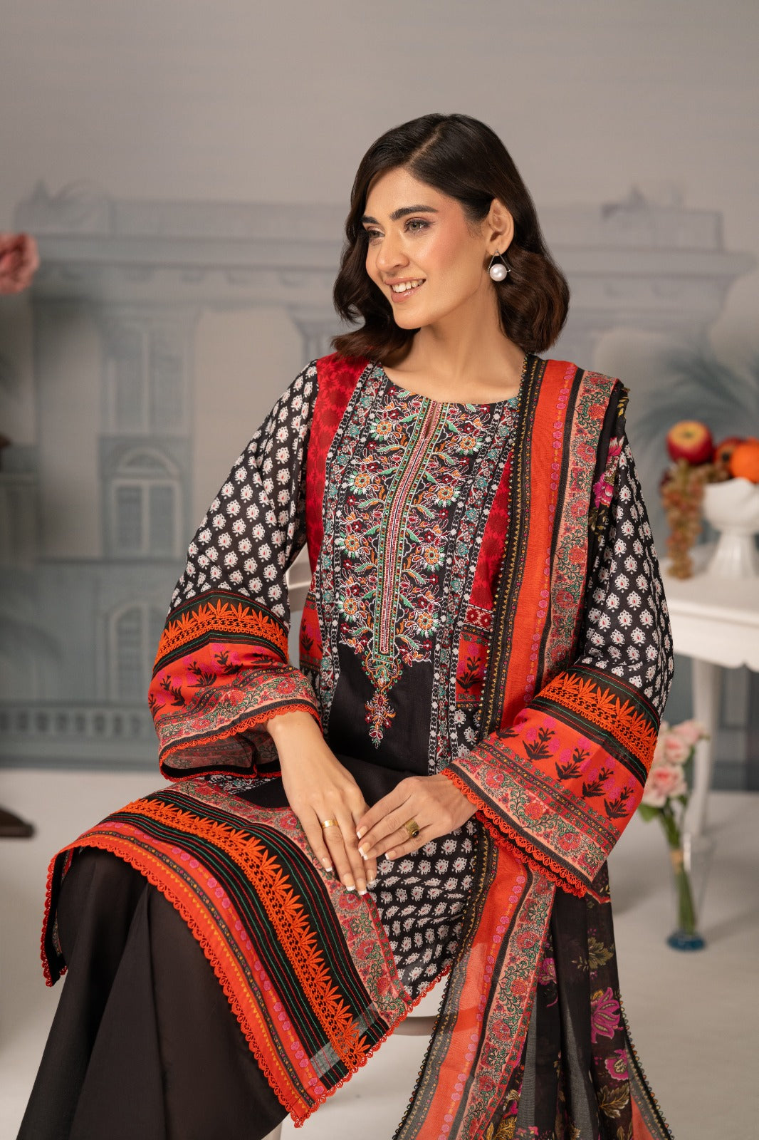 Zarwan by KBC Fashion – Embroidered Neckline | Lawn 3Piece suit (Red & Black)