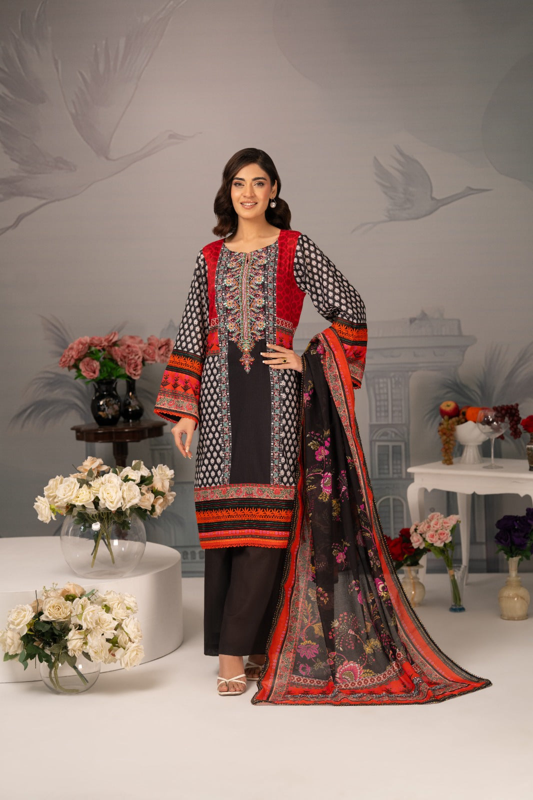 Zarwan by KBC Fashion – Embroidered Neckline | Lawn 3Piece suit (Red & Black)