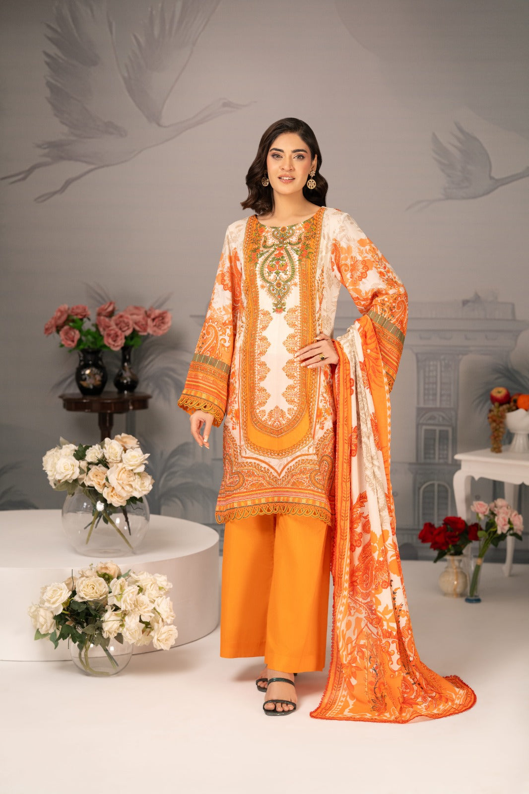 Zarwan by KBC Fashion – Embroidered Neckline | Lawn 3Piece suit (Orange & White)