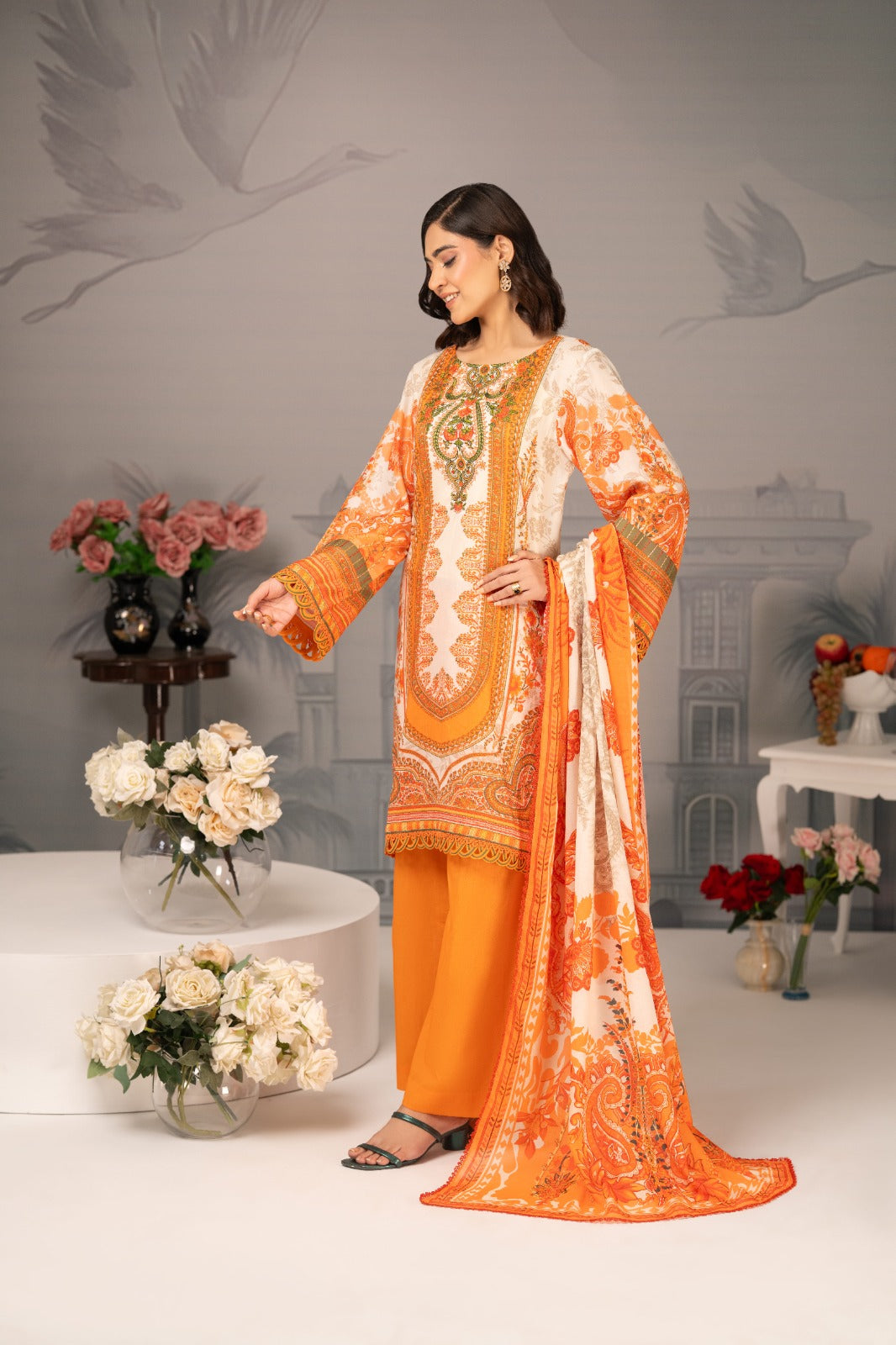 Zarwan by KBC Fashion – Embroidered Neckline | Lawn 3Piece suit (Orange & White)