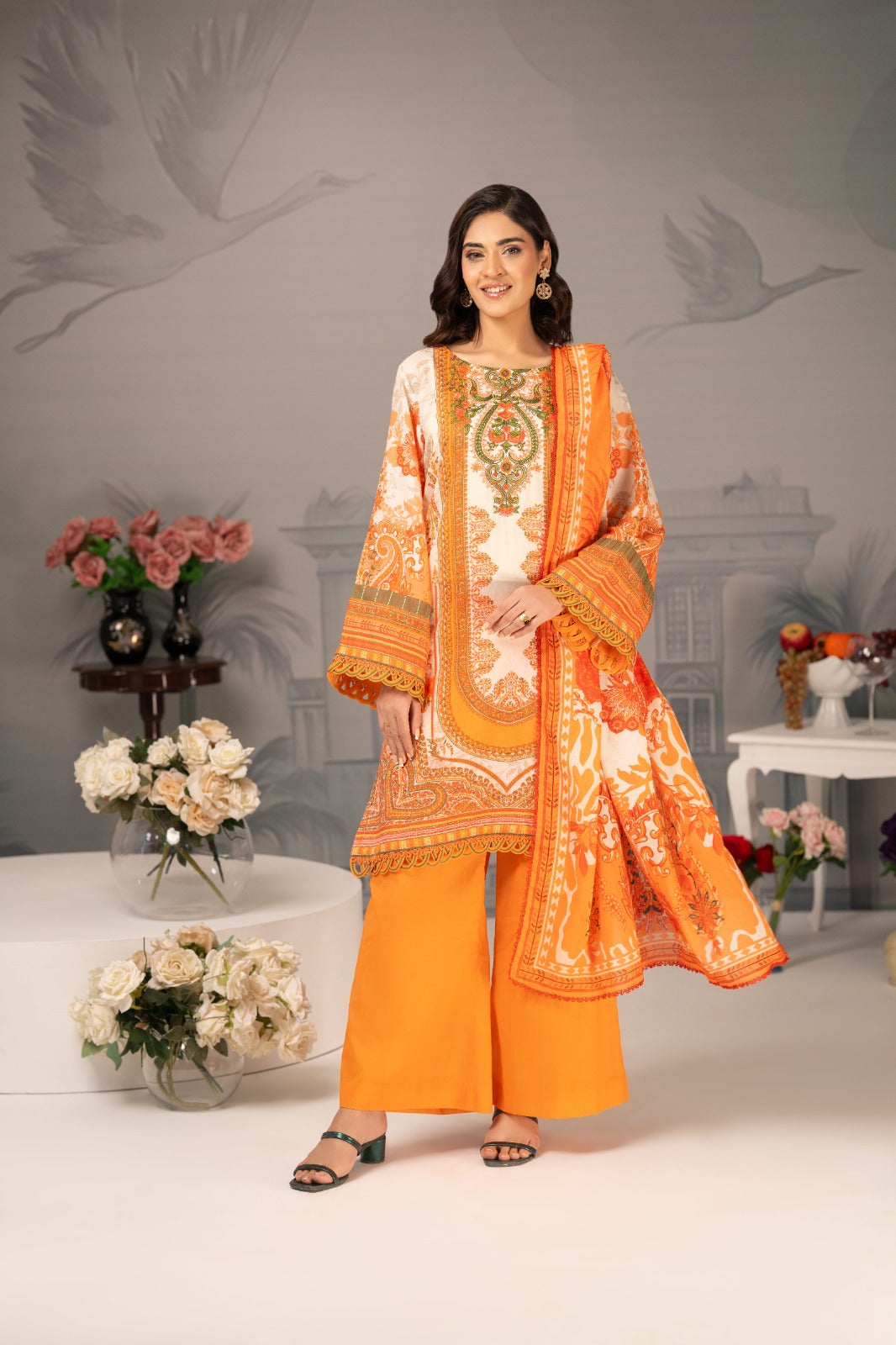 Zarwan by KBC Fashion – Embroidered Neckline | Lawn 3Piece suit (Orange & White)