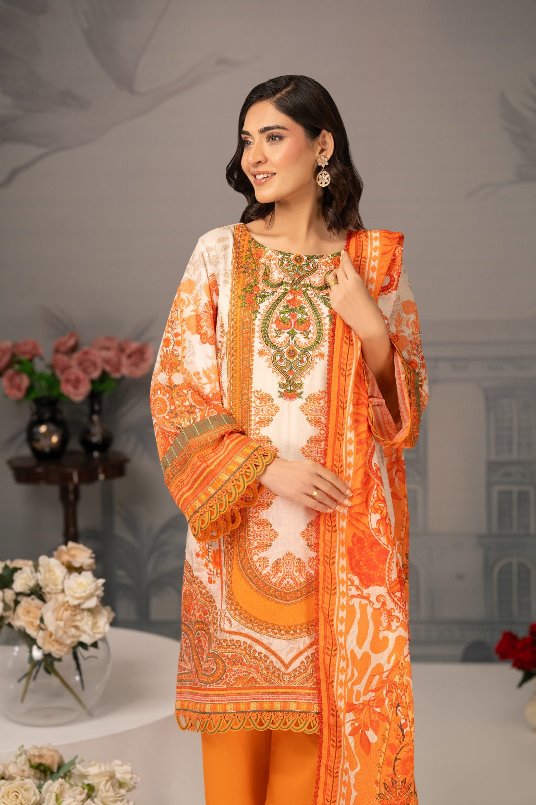 Zarwan by KBC Fashion – Embroidered Neckline | Lawn 3Piece suit (Orange & White)