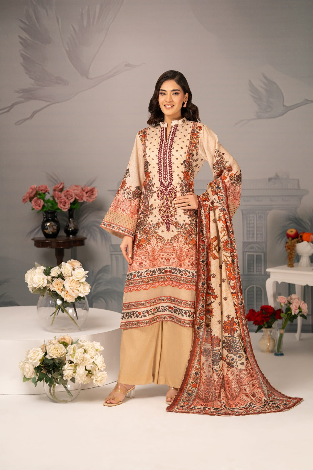 Zarwan by KBC Fashion – Embroidered Neckline | Lawn 3Piece suit (Cream)