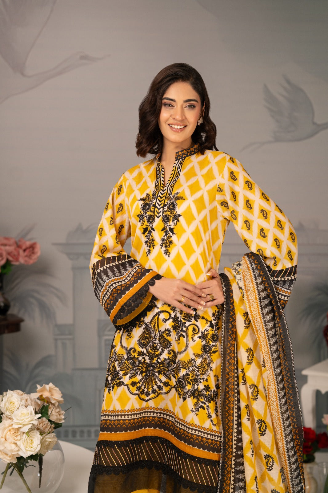 Zarwan by KBC Fashion – Embroidered Neckline | Lawn 3Piece suit (Yellow & Black )