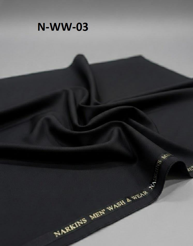 Black fabric with 'Narkins Men Wash & Wear' branding on a gray background