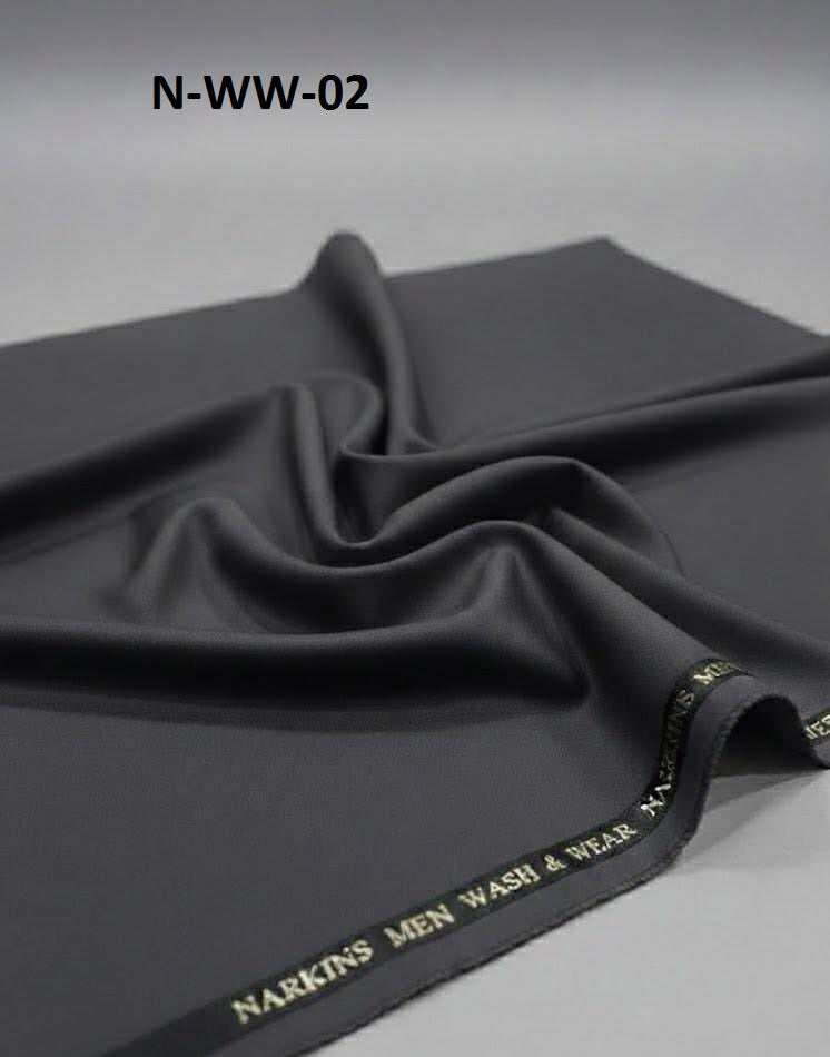 Dark gray fabric with 'Narkins Men Wash & Wear' branding on a gray background