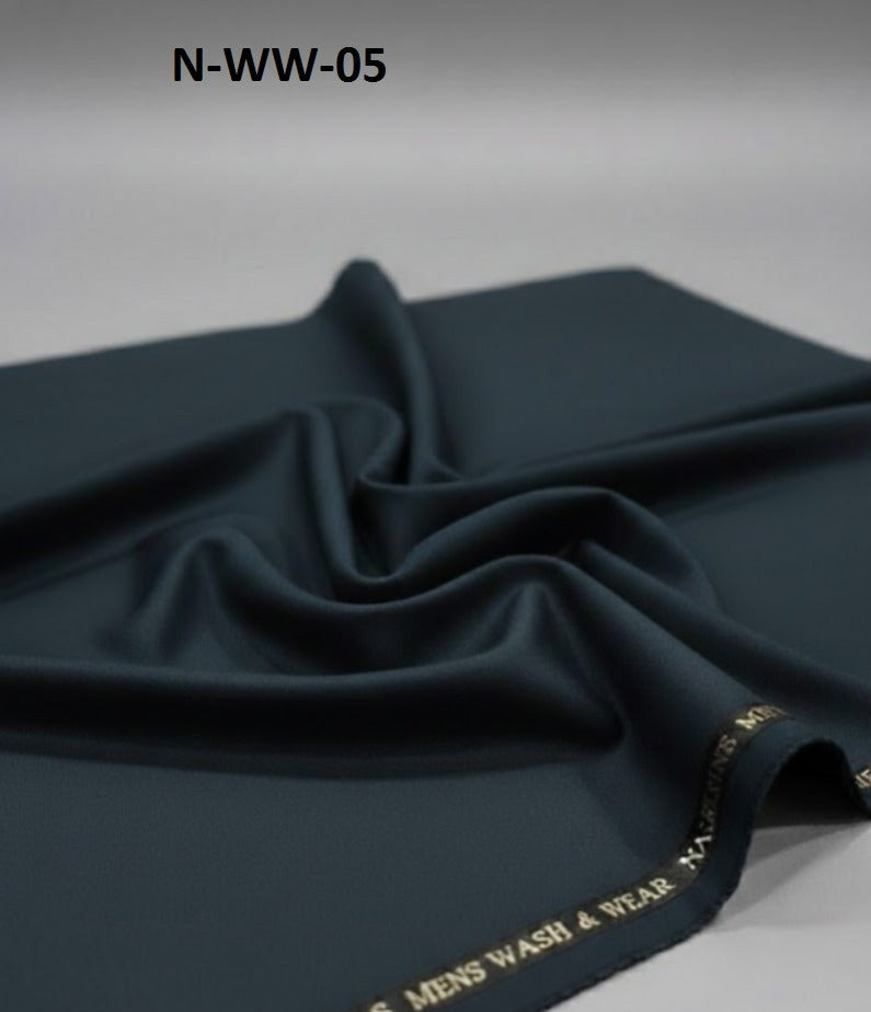 Dark blue fabric with 'Narkins Mens Wash & Wear' branding on a gray background