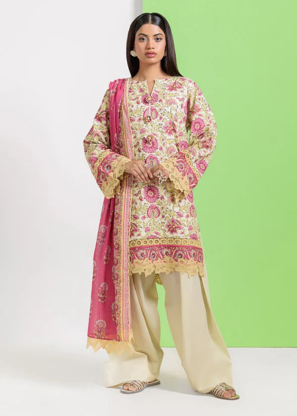 Bonanza Satrangi-3PC-Unstitch Lawn (Cream & Pink)