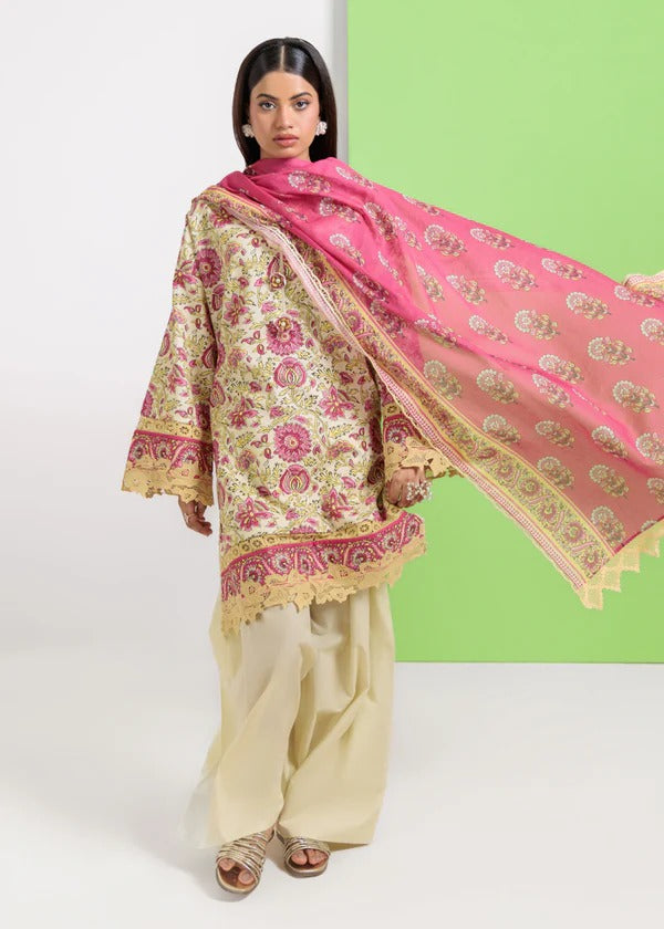 Bonanza Satrangi-3PC-Unstitch Lawn (Cream & Pink)