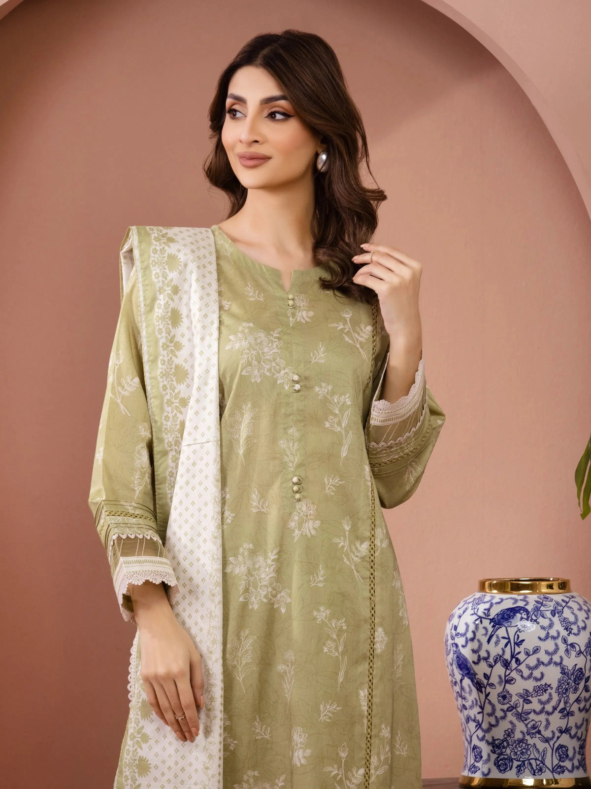 Edenrobe By Allure Unstitched Printed Lawn (Olive Green)