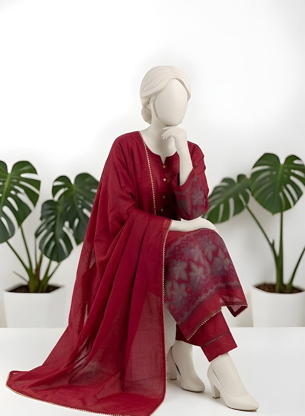 Almeerah-3PC-Unstitch Jacquard Lawn (Red)