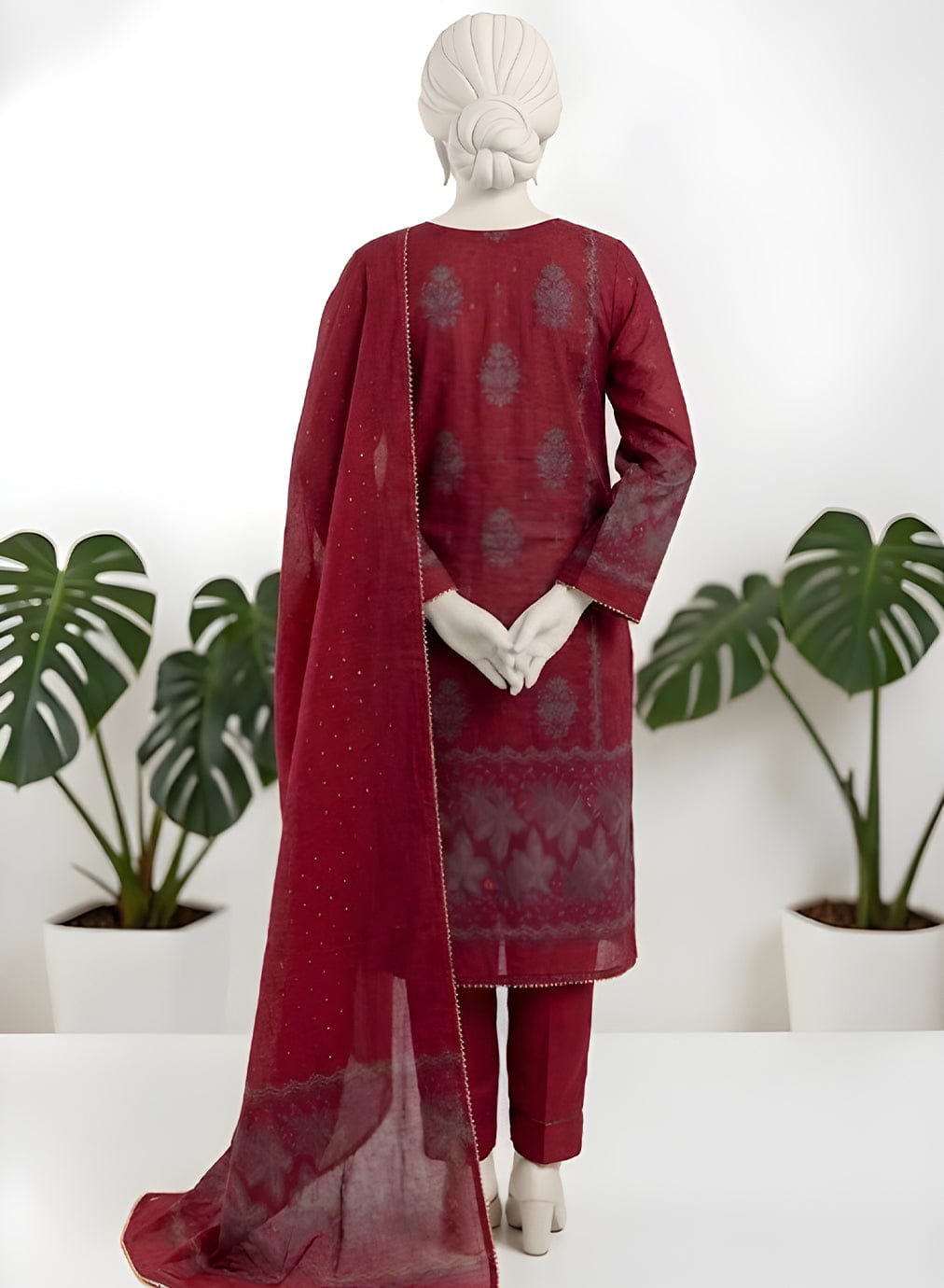 Almeerah-3PC-Unstitch Jacquard Lawn (Red)
