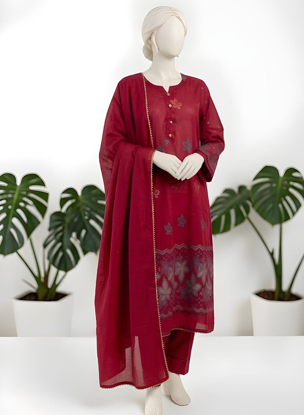 Almeerah-3PC-Unstitch Jacquard Lawn (Red)