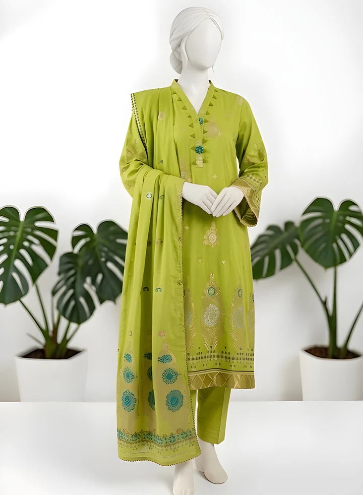 Almeerah-3PC-Unstitch Jacquard Lawn (green)