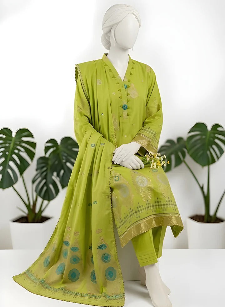 Almeerah-3PC-Unstitch Jacquard Lawn (green)