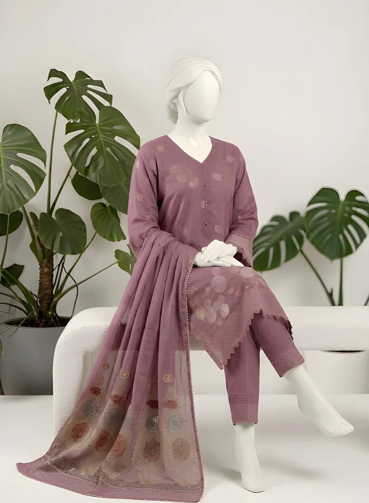 Almeerah-3PC-Unstitch Jacquard Lawn (Mountbatten pink)