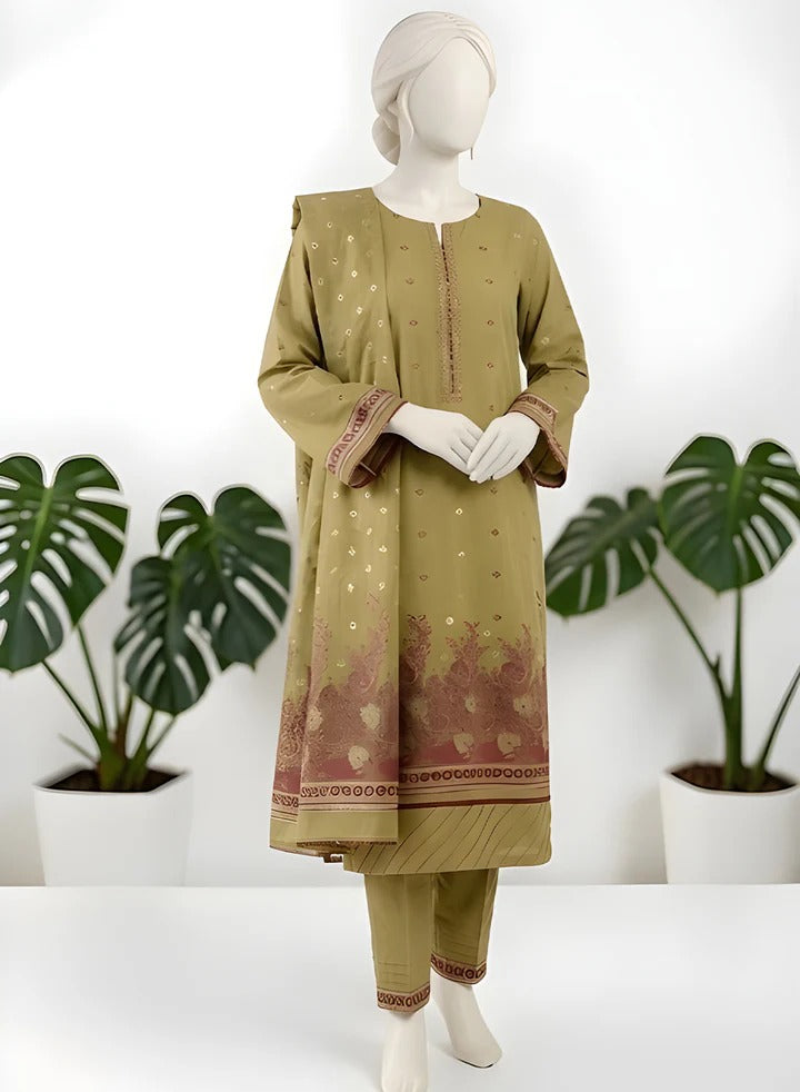 Almeerah-3PC-Unstitch Jacquard Lawn (Olive green)