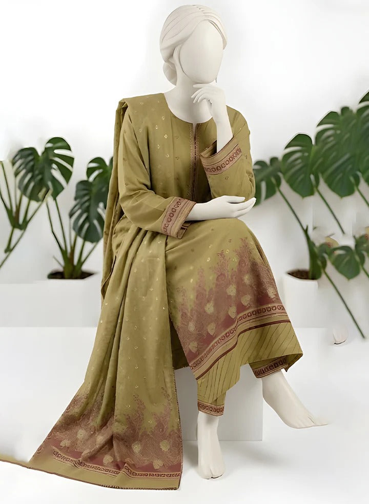 Almeerah-3PC-Unstitch Jacquard Lawn (Olive green)