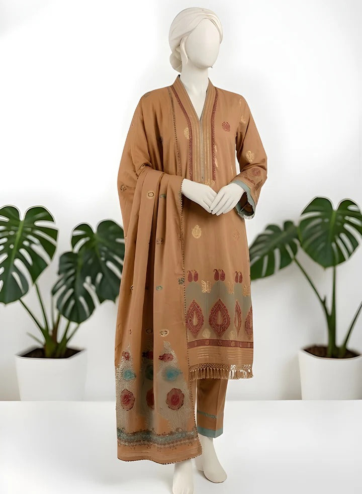Almeerah-3PC-Unstitch Jacquard Lawn (Brown rust)