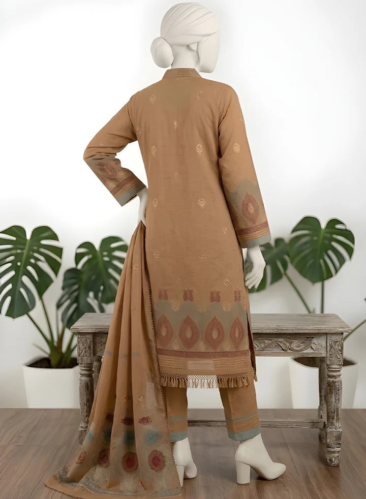 Almeerah-3PC-Unstitch Jacquard Lawn (Brown rust)