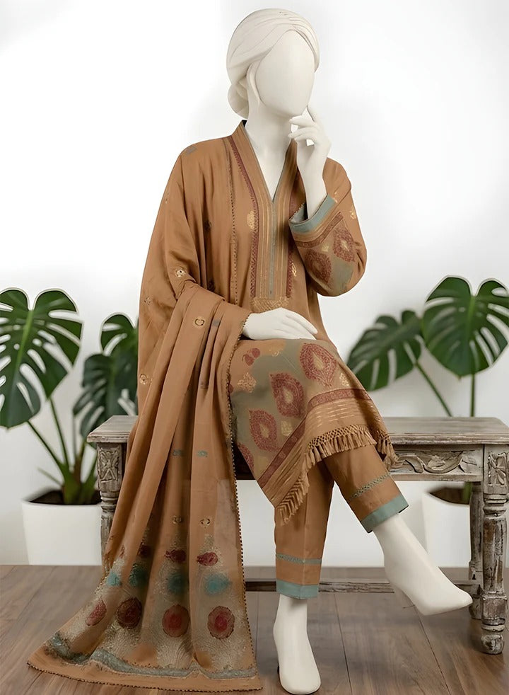 Almeerah-3PC-Unstitch Jacquard Lawn (Brown rust)