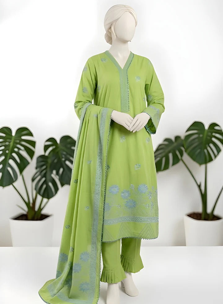 Almeerah-3PC-Unstitch Jacquard Lawn (Lime green)