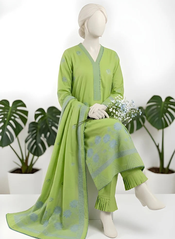 Almeerah-3PC-Unstitch Jacquard Lawn (Lime green)