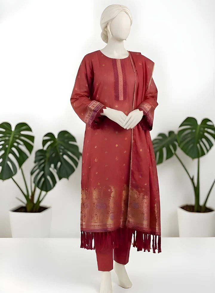 Almeerah-3PC-Unstitch Jacquard Lawn (Mexican Red)