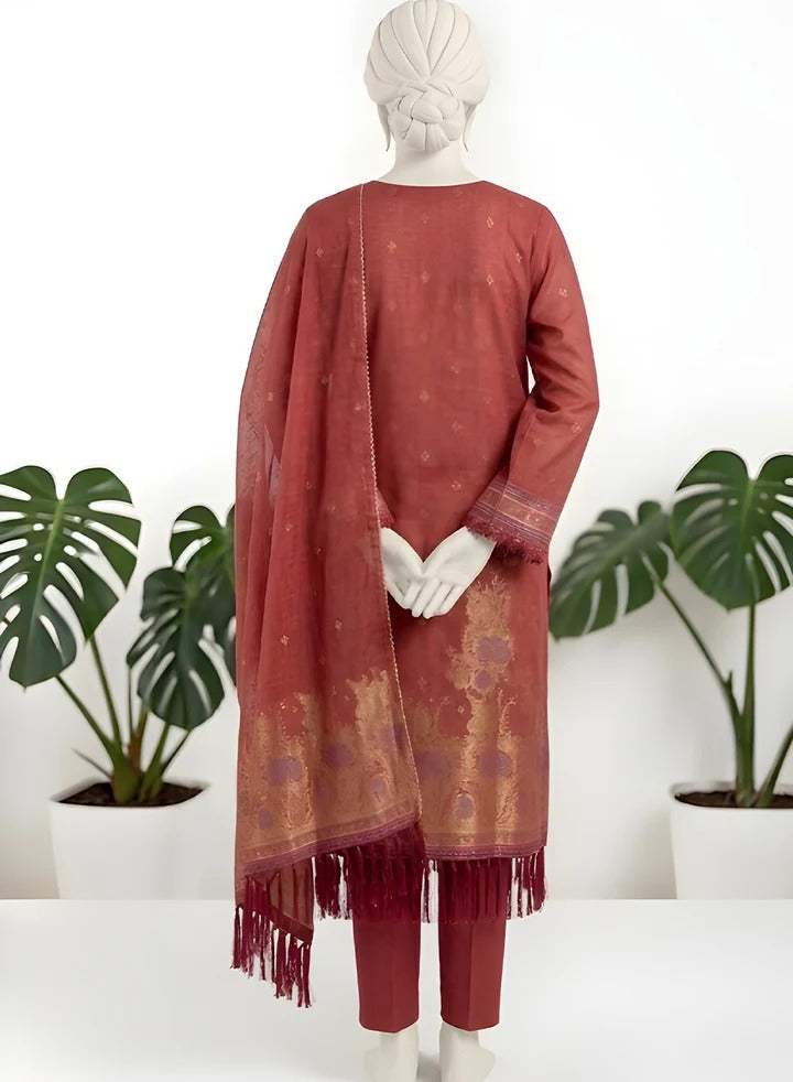 Almeerah-3PC-Unstitch Jacquard Lawn (Mexican Red)