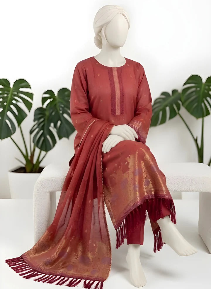 Almeerah-3PC-Unstitch Jacquard Lawn (Mexican Red)