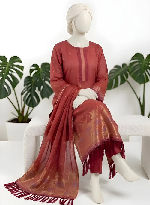 Almeerah-3PC-Unstitch Jacquard Lawn (Mexican Red)