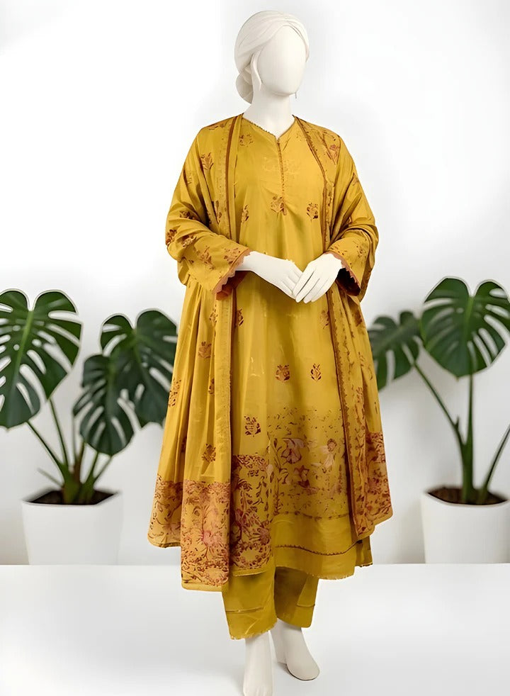 Almeerah-3PC-Unstitch Jacquard Lawn (Dark yellow)